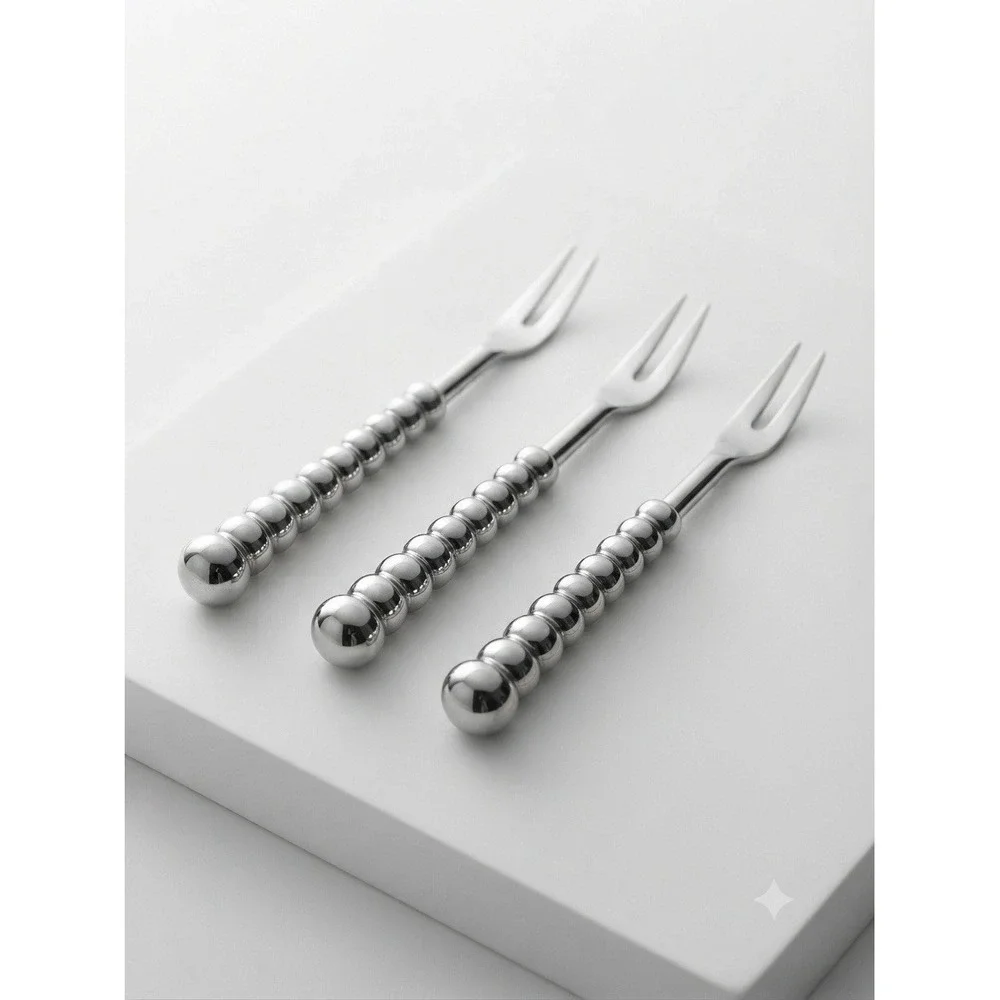 Vintage Mid-Century Stainless Steel Beaded Handle Cocktail Appetizer Forks (3)
